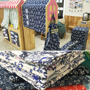 创意棉麻复古名族格子青花布料幼儿园班级手工背景布环创装饰材料