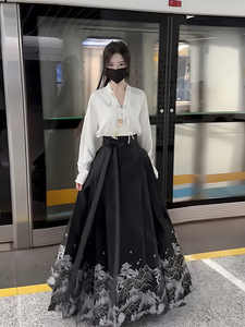 新中式国风改良黑色马面裙两件套春夏大码女胖mm成人汉服显瘦套装
