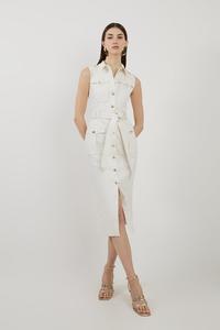英国代购KAREN MILLEN2024夏季新款白色系带衬衫牛仔中长女连衣裙