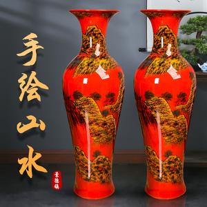 景德镇陶瓷器落地中国红大花瓶家居客厅电视柜装饰品酒店摆件开业