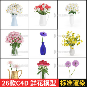 26款C4D鲜花模型室内装饰花瓶小雏菊百合卉带贴图obj fbx 3d max