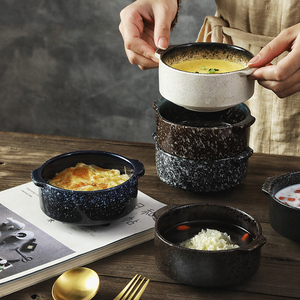 日式创意双耳陶瓷烤碗汤碗 烤箱烘培小碗 家用沙拉碗甜品碗燕窝碗