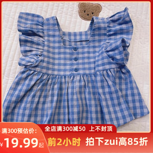 女童可爱小飞袖娃娃衫儿童洋气格子衬衫2024夏装法式上衣韩版T恤