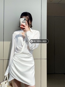 MS VASSAA连衣裙女2024春季新款柠檬淡奶油白色长袖不规则衬衫裙