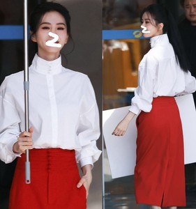 EXJR代购一念关山刘诗诗同款秋白色立领长袖衬衫红色半身裙套装女