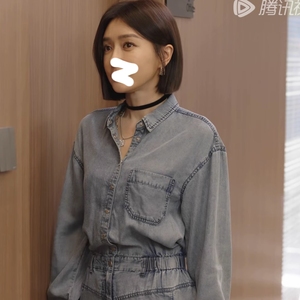 EXJR代购闪耀的她秦岚同款穿搭蓝色牛仔衬衫连衣裙天丝薄棉连体衣