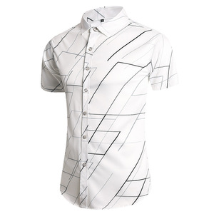 白色斜条纹短袖衬衫男商务休闲几何图案显瘦翻领衬衣加肥加大码