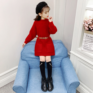 女童毛衣裙2024新款儿童秋冬装中长款童装打底针织衫红色新年裙子
