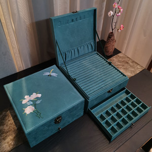 女那 古风绒布木质首饰盒带锁多层大容量中国风刺绣饰品盒礼品盒