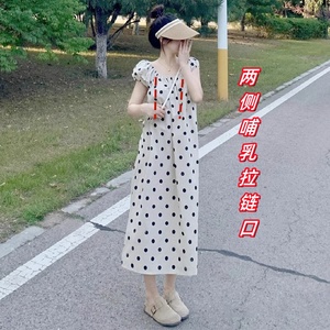 哺乳连衣裙外出夏季假波点泡泡袖喂奶裙产后辣妈款小个子哺乳夏装