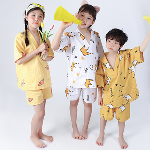 儿童家居服夏季睡衣100%纯棉浴服男女童小大童卡通动漫印花汗蒸服