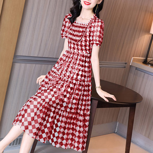 夏季新款复古气质名媛高级感红色格子连衣裙小个子高腰大摆中长裙