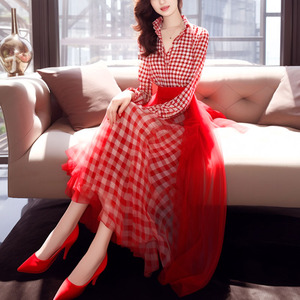 春装女2024年新款高端时尚精致玫红色立领刺绣网纱雪纺修身连衣裙