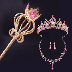 儿童公主水晶王冠手杖权杖魔法棒皇冠头饰项链套装女童仙女棒道具