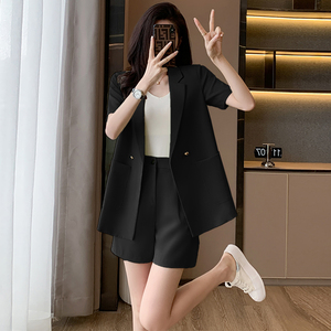 黑色短袖西装外套女夏季薄款2024新款小个子休闲时尚西服短裤套装