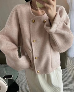 韩国粉色双面羊绒大衣女短款小个子2023冬新款圆领宽松羊毛呢外套