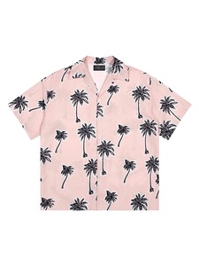 夏季椰树印花粉色短袖花衬衫男女设计感小众宽松大码百搭情侣衬衣