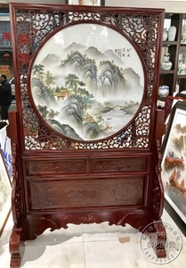 景德镇陶瓷瓷板画中式名家手绘仿古粉彩山水牡丹花双面大屏风