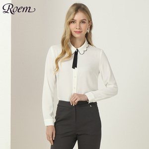 Roem淑女衬衫韩范上衣设计感领结修身白色衬衣RCYW88T