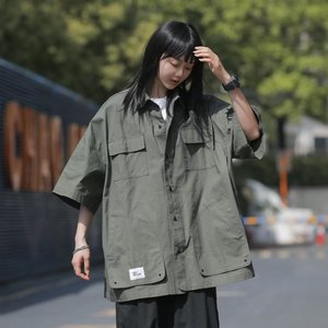 短袖衬衫女日系工装港风正肩衬衣夏季薄款设计感小众复古潮牌外套