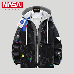 NASA夹克男士2023年秋季新款潮流假两件衣服大码冲锋衣加绒外套男