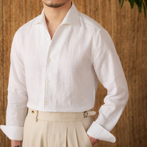 鹿三先生夏季轻薄透气100%亚麻一片领长袖衬衫绅装百搭白色衬衣男