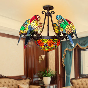 HAUTY 帝凡尼鹦鹉趣味创意美式田园客厅餐厅彩色玻璃手工开枝吊灯