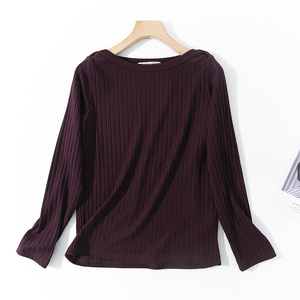E18-1秋季女装坑条纹一字圆领毛衣深酱紫色显瘦气质长袖针织衫