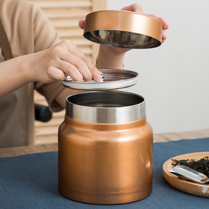 创意中式茶罐 不锈钢双层盖密封茶叶罐 防潮金属大号空罐收纳茶桶