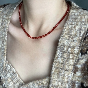 天然红玉髓玛瑙小米珠锁骨链项链原创女圆珠毛衣链礼物国风转运珠
