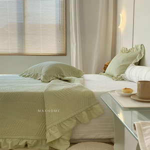 韩版砂洗全棉荷叶花边床盖三件套绗缝薄被多功能加厚床单盖被纯色