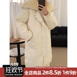 阿茶与阿古白色大毛领棉服男款冬季韩版中长款休闲宽松棉衣外套