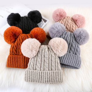 毛线帽子女秋冬保暖加绒加厚针织帽护耳韩版可爱毛毛球套头帽时尚