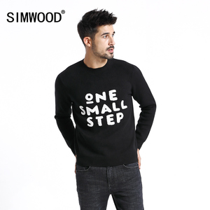 Simwood简木男装春装新款印花圆领细线针织衫套头打底毛衣
