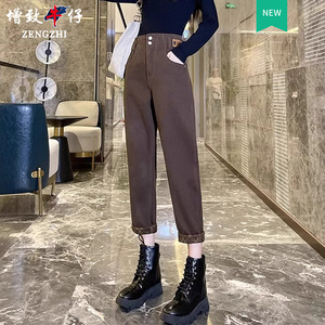 增致咖啡色哈伦牛仔裤女2023年新款冬季高腰加绒加厚直筒老爹裤子