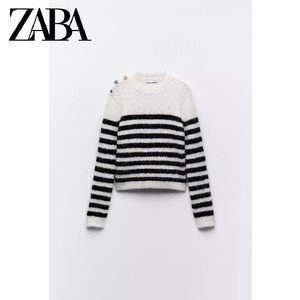 ZARA KISS春季新款女装圆领排扣饰黑白条纹毛衣针织衫9598014 104