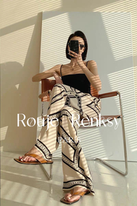法国Rouje Renksy法式复古阔腿裤女夏季薄款印花高腰垂感直筒长裤