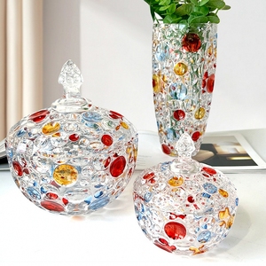创意撞色水晶玻璃彩绘水果盘果斗家用糖果罐盘摆件手绘彩色玻璃杯