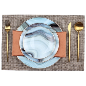 欧式样板间餐具套装清新蓝色牛排盘子刀叉圆形西餐盘餐桌摆台家用
