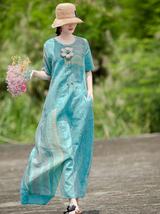 日本外贸一线品牌夏季文艺复古棉麻连衣裙宽松拼接休闲气质长裙子