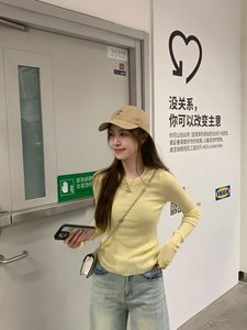 黄色套头针织打底衫女早春内搭休闲软糯修身显瘦长袖纯色纯欲上衣