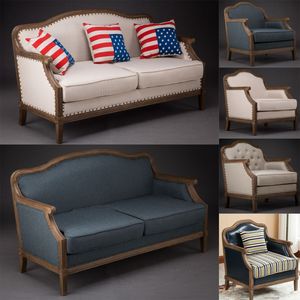 厂家直销影楼复古实木皮布艺沙发美式做旧三人双人单人沙发可定