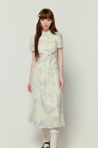 迷路森林原创设计 幽兰 淡雅印花甜美国风新中式套装长裙夏季新品