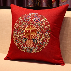 新中式棉麻刺绣靠垫靠枕红木沙发客厅抱枕套不含芯床头靠背垫腰枕
