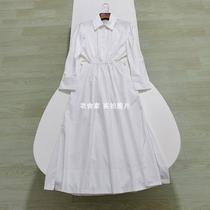 欧S风 白色棉质衬衫长裙女设计感露背松紧系带收腰显瘦长袖连衣裙