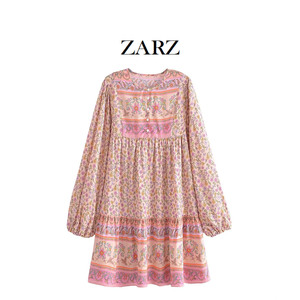 ZARZ自制 欧美风 新款女装 ins春夏 人棉水印定位花长袖连衣裙