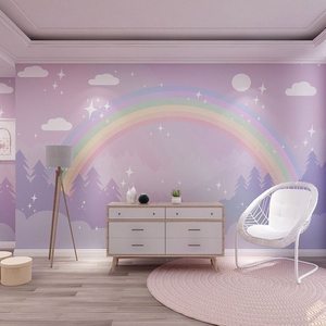 卡通彩虹云朵女孩儿童房壁纸卧室床头墙纸粉色公主房无缝墙布定制