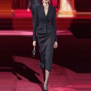 欧洲站秋季名模走秀新款高端职业女装套裙黑色显瘦时尚西装套装女