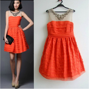 橙红色连衣裙明星同款春夏气质淑女新款女装钉珠网纱修身性感礼服