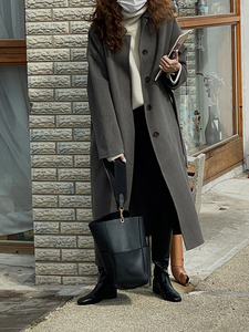 韩国出口22秋冬新款简约风自制系带双面羊绒大衣女中长款毛呢外套